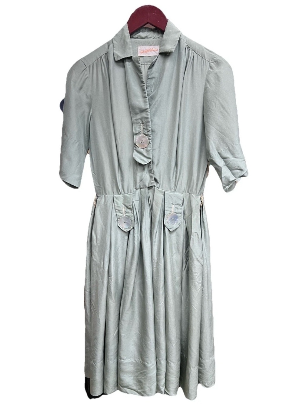 Vintage 1950s Saks Fifth Avenue Shirtwaist Pale Mint MOP Buttons Midi Dress Sm